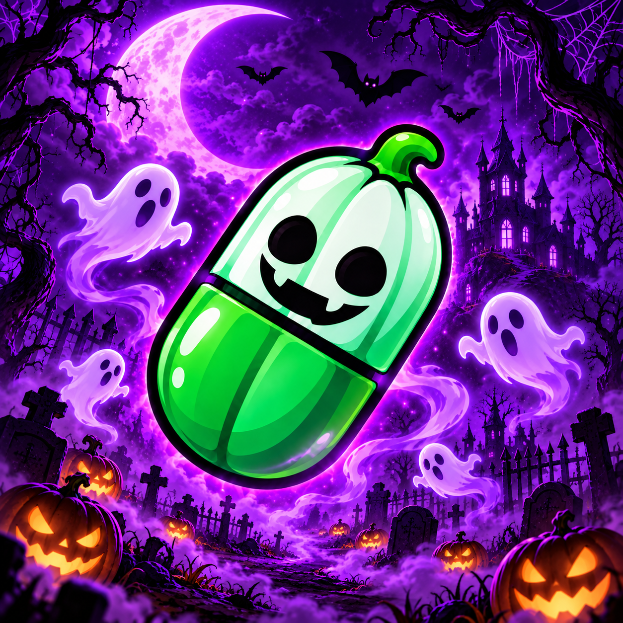 Pumpkinfun floating with friendly ghosts beneath a purple crescent moon